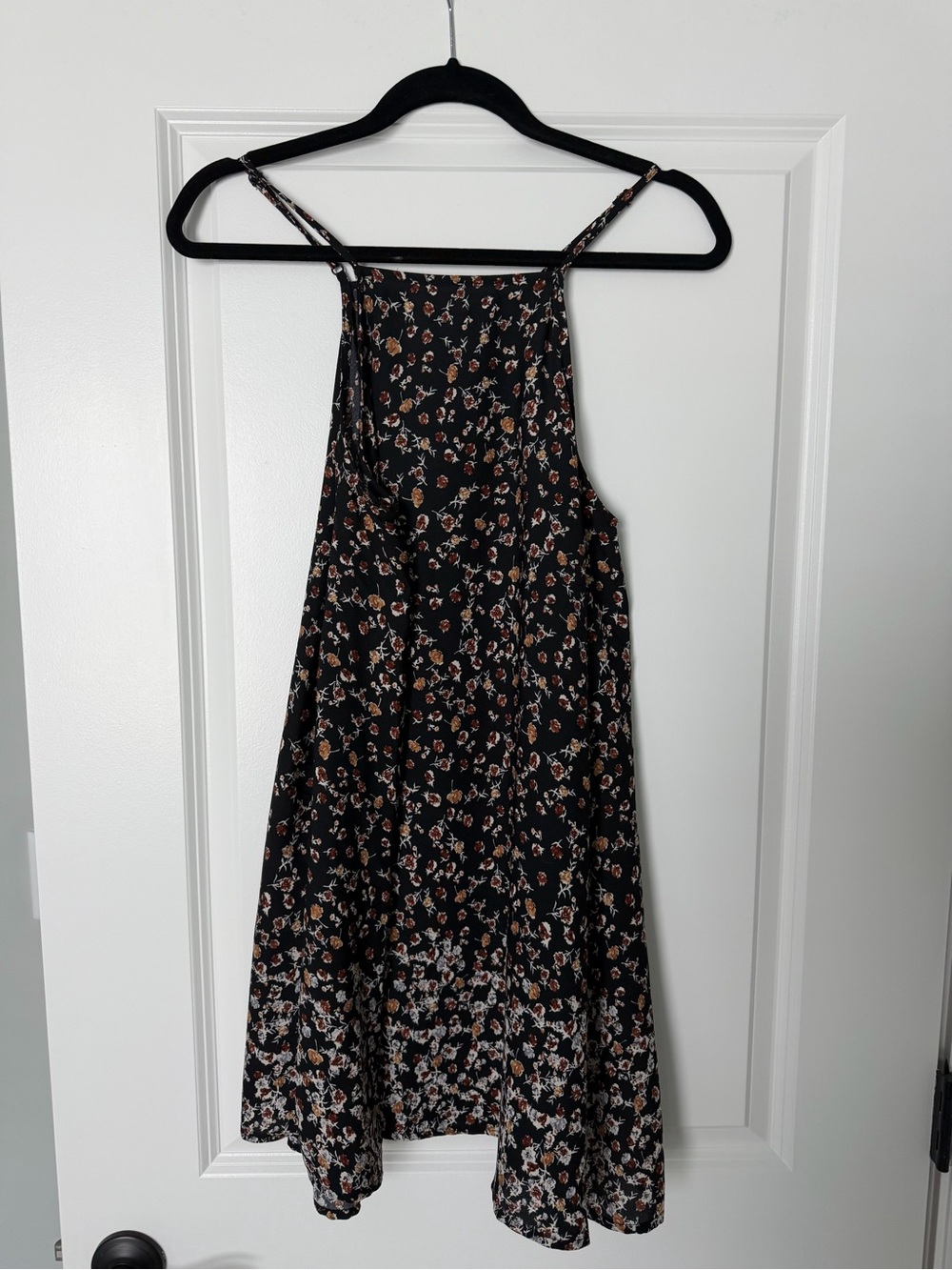 Sadie & Sage Black Floral Mini Dress with Tan & White Accents